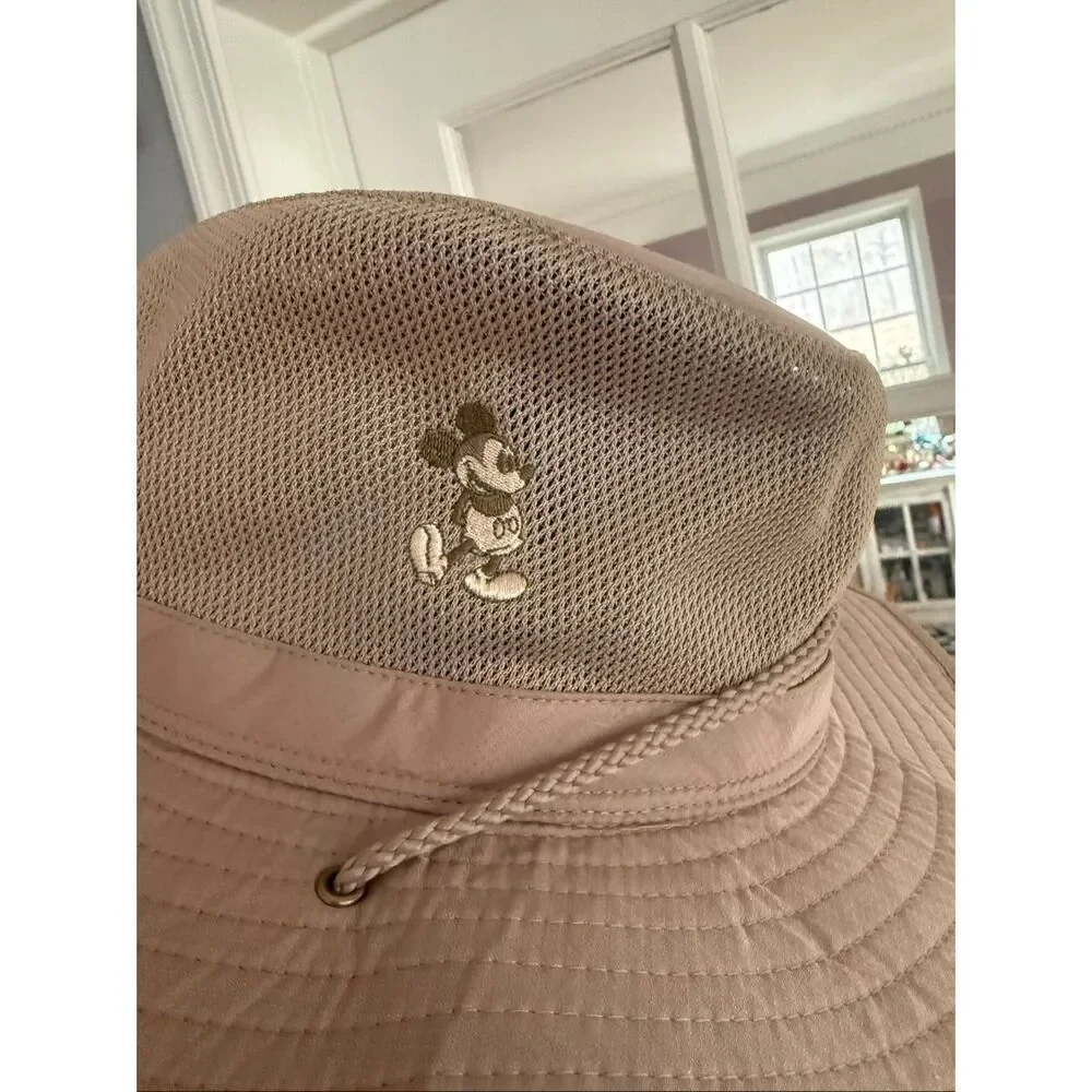 Disney Mickey Mouse Embroidered Tan Safari Fishing Sun Hat sz 57-61cm EUC